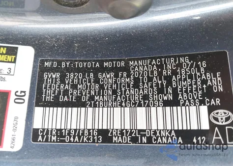 2016 Toyota Corolla Le из США, поврежденный, VIN 2T1BURHE4GC717096